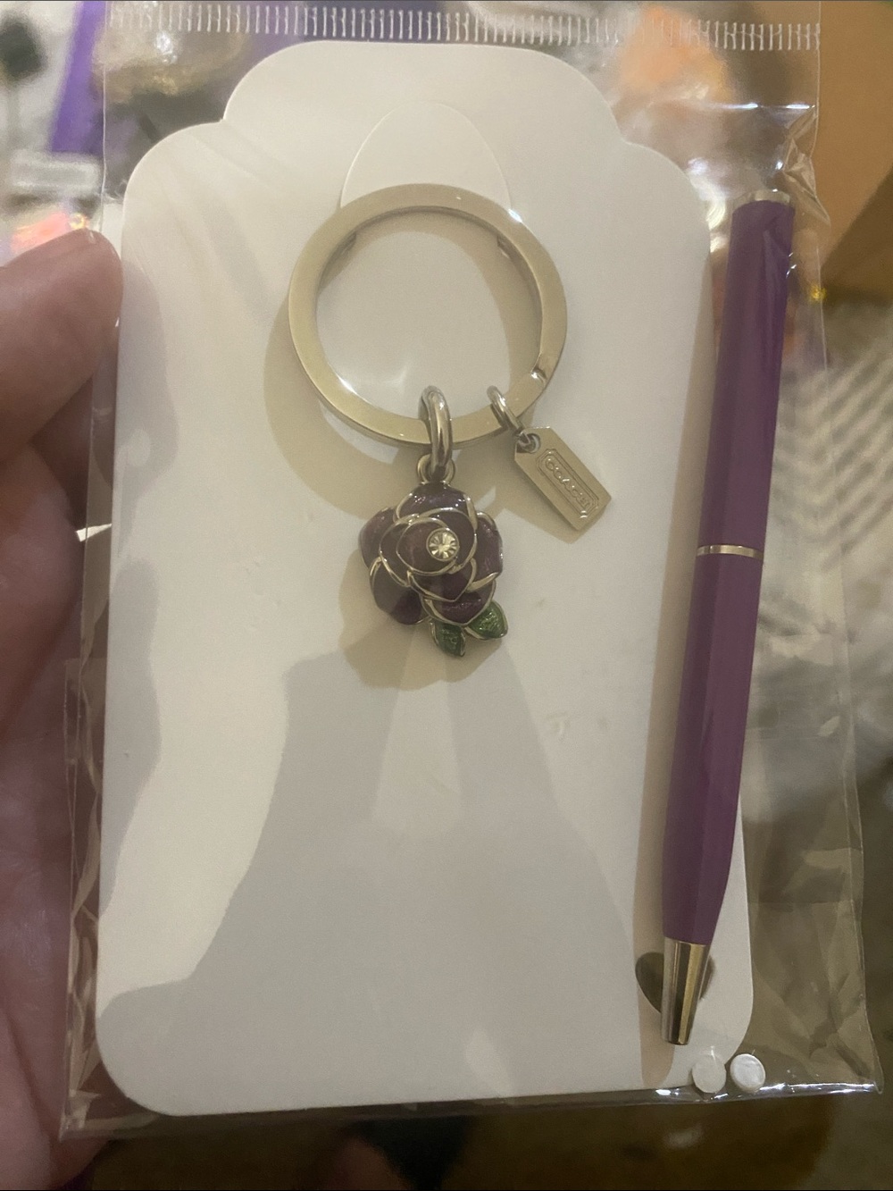Coach Purple Rose Enamel Keyring or bag charm w/ Tag & Purple Coach Pen